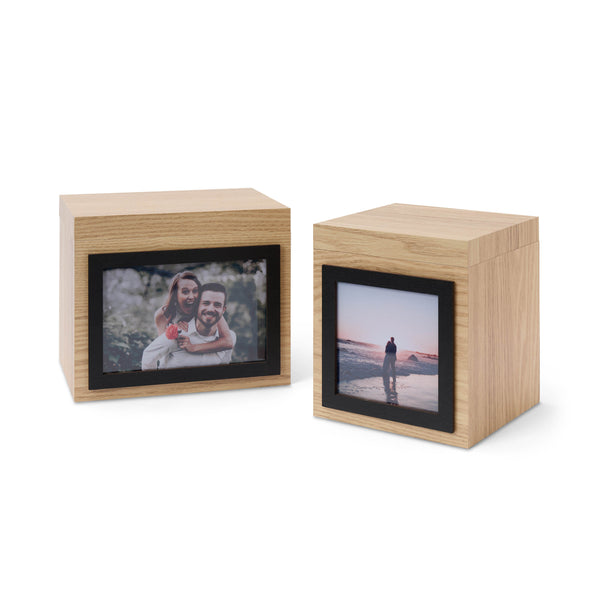 LUMALAND Photobox 2er-Set Natur aus hellem Holz als Geschenk & Aufbewahrung für Hochzeit und Geburtstag mit integriertem Bilderrahmen.