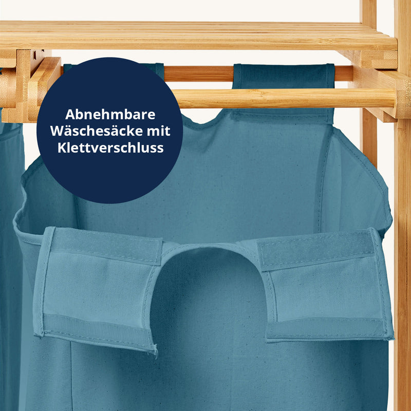 LUMALAND Bambus Wäschekorb mit 2 ausziehbaren Wäschesacken - 73 x 64 x 33 cm - Blau