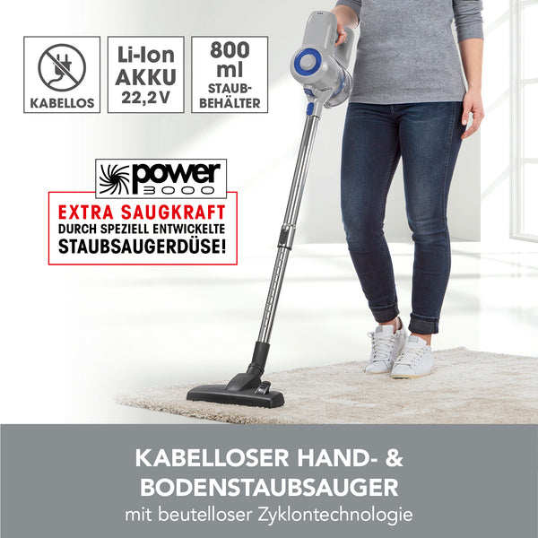 CLEANmaxx Akku-Zyklon-Staubsauger 22,2V kabellos mit beutelloser Zyklontechnologie und 800 ml Staubbehälter im Einsatz auf Teppichboden.