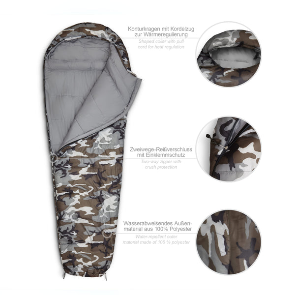 Where Tomorrow Camping Schlafsack Classic - Mumienschlafsack mit Tasche - 230 x 80 x 55 cm - Camouflage Grau