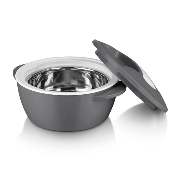 MAXXMEE Thermo-Schüssel Mikrowelle 850 ml grau/weiß mit Edelstahleinsatz und praktischem Drehverschluss-Deckel.