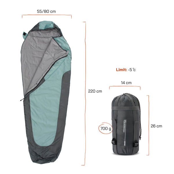 Where Tomorrow Camping Schlafsack Small & Light - Mumienschlafsack mit Tasche - 220 x 80 x 50 cm - Hellblau-Grau