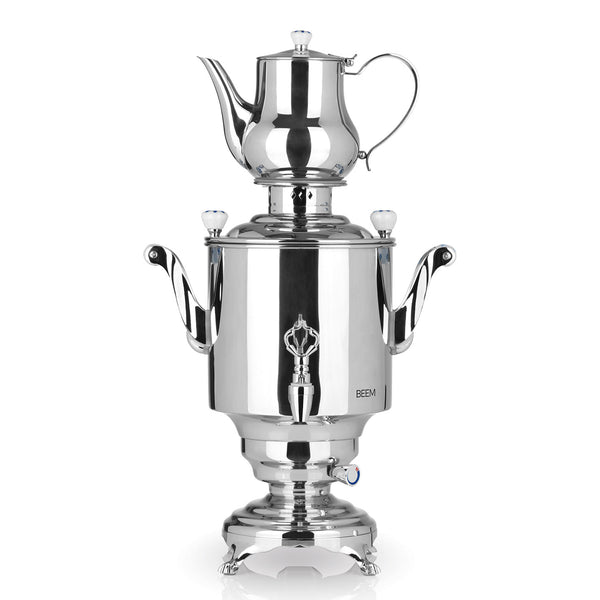 BEEM Romanov 1007 III Samowar aus Edelstahl mit 5 Liter Fassungsvermögen und 1,3 Liter Teekanne, professionell für Gastro und Privat.