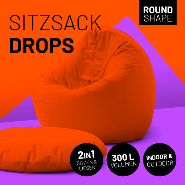 LUMALAND Sitzsack Drops (300 L) in Orange, 2in1 für drinnen & draußen, langlebig, leicht, mit hochwertiger EPS-Füllung, rundes Design.