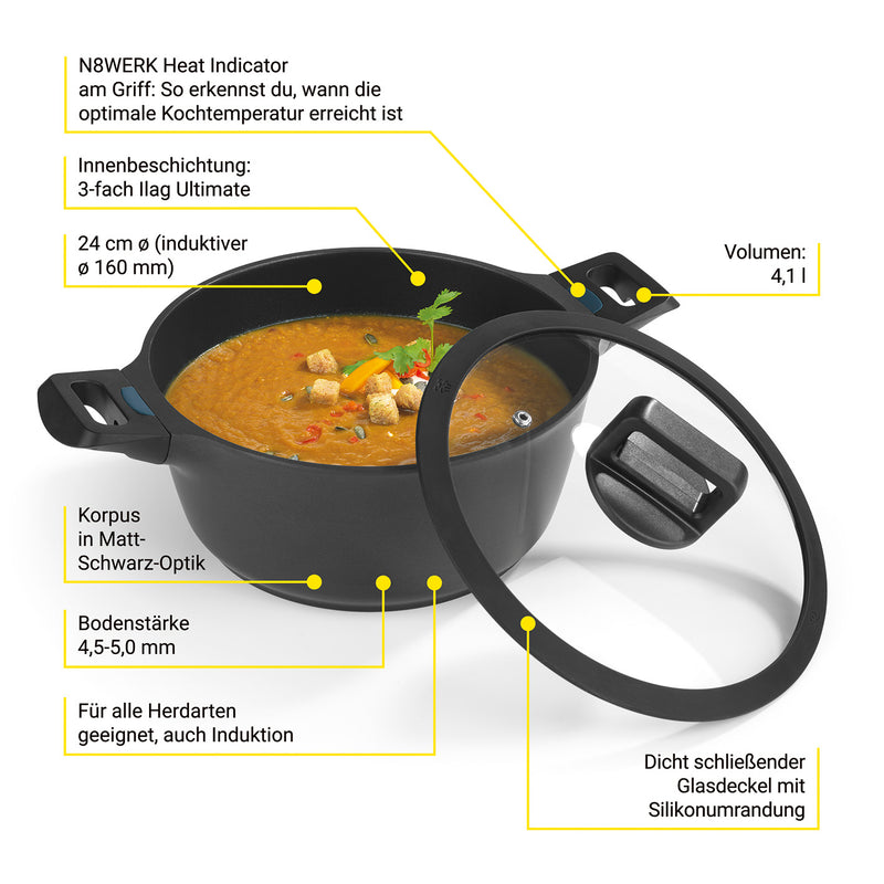 N8WERK Aluguss-Kochtopf 24 cm - N8WERK Heat Indicator - Midnight Edition