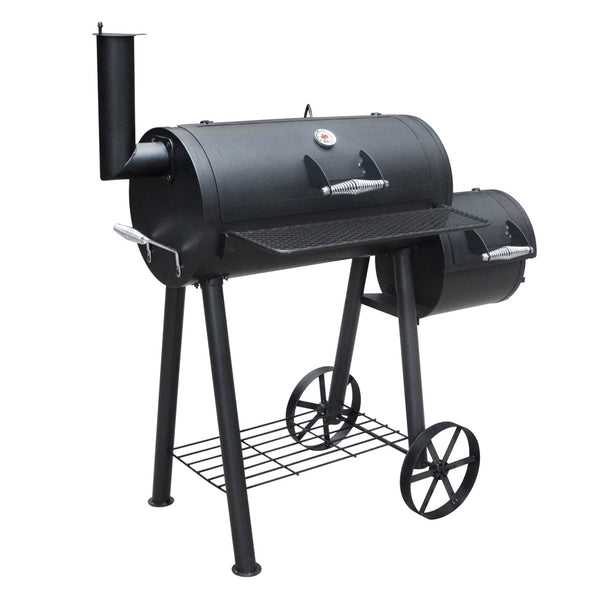 GRILLCHEF Smoker - 112 cm - schwarz mit geteilterem Grillrost, Ascheschale, Temperaturanzeige und breitem Fronttisch.