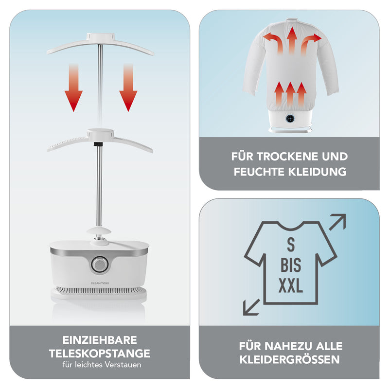 CLEANmaxx Hemdenbügler PRO für Oberbekleidung - trocknet & bügelt automatisch - Weiß/Silber