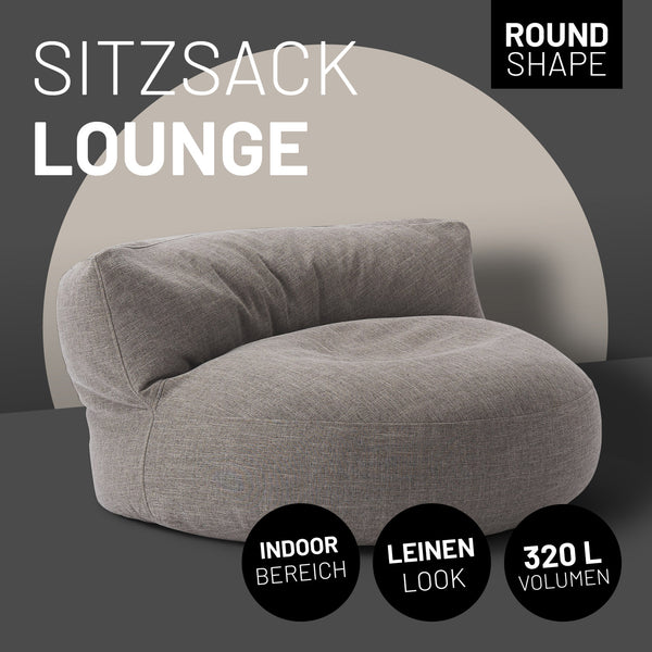 LUMALAND Interior Line Sitzsack-Lounge rundes Sitzsack-Sofa 320l Füllung 90x50 cm hellgrau im leinenlook für den indoor Bereich.