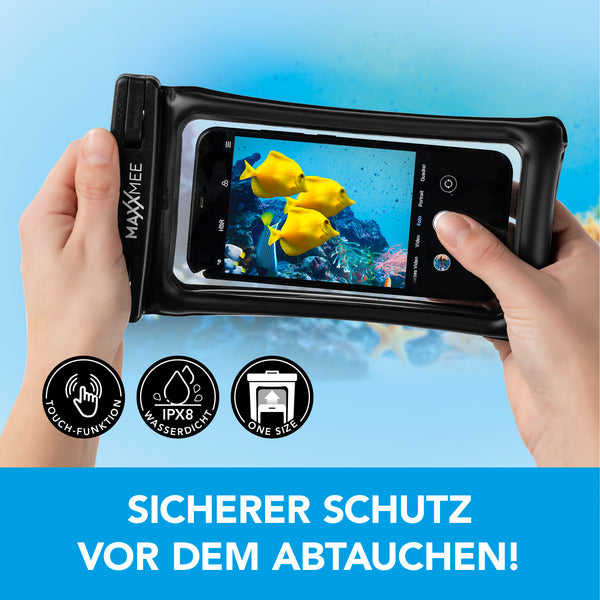 MAXXMEE Handyhülle wasserdicht - 2er-Set mit IPX8 Schutz, Touch-Funktion und Umhänge-Band für sicheren Wasserschutz.