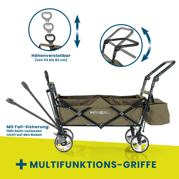 HOBERG faltbarer Bollerwagen mit Dach, höhenverstellbar, faltbar mit Fallsicherung und multifunktionalem Griff, beige für Hobby & Freizeit.