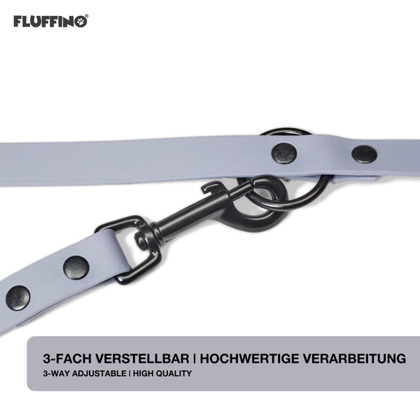 FLUFFINO® BioThane Hundeleine - 3-Fach verstellbar, 220 cm, grau, reißfest, wasserabweisend, veganer Lederersatz, made in Germany.