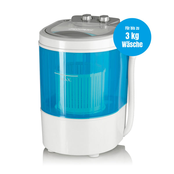 EASYmaxx Mini-Waschmaschine 260 Watt weiß/blau, kompakt, bis 3 kg Wäsche, ideal für Camping, Reisen und kleine Haushalte.