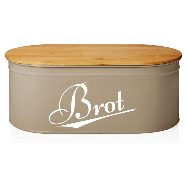LUMALAND Cuisine Brotkasten Brotdose Brotbox aus Metall mit Bambus Deckel, oval, grau, platzsparend und mit Schneidebrett-Deckel.