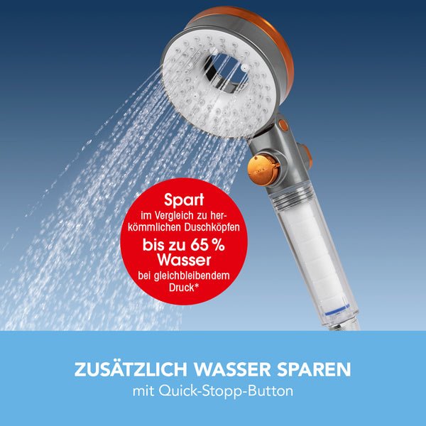 EASYmaxx Duschkopf „Water-Control“ mit Spar- & Stopp-Funktion, wasser- und drucksparend, Quick-Stop Button und 3 Strahl-Modi.