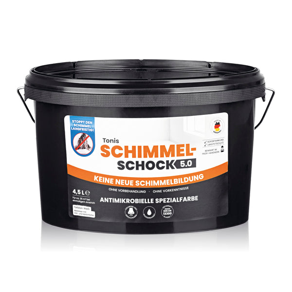 Tonis SCHIMMELSCHOCK 5.0 Antimikrobielle Spezialfarbe 4,5l für 18 m2, stoppt Schimmelbildung und wirkt präventiv auf verschiedenen Untergründen.