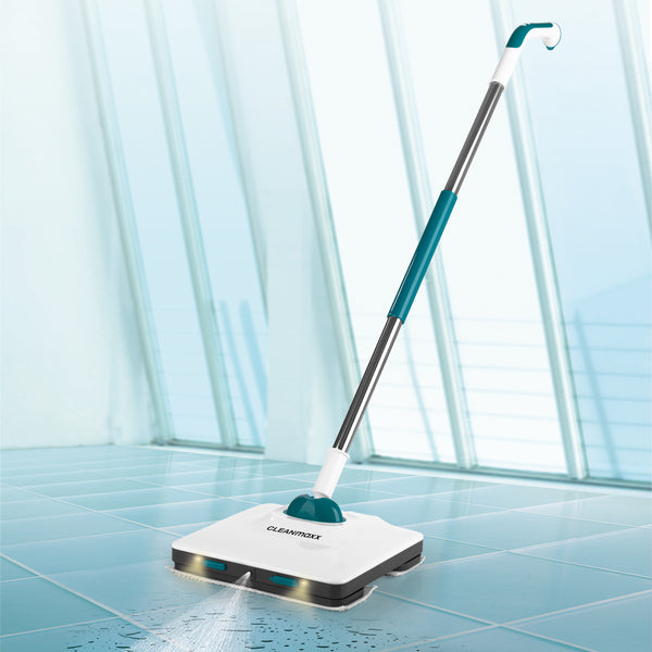 CLEANmaxx Akku-Vibrationsmopp LED 12V in petrol/weiß mit Sprühfunktion, LED-Licht und kabellosem Akku für empfindliche Böden.