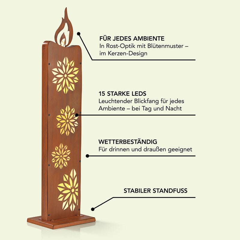 MAXXMEE LED-Dekostele Rost-Optik mit Blütenmuster und Kerzen-Design - 77cm