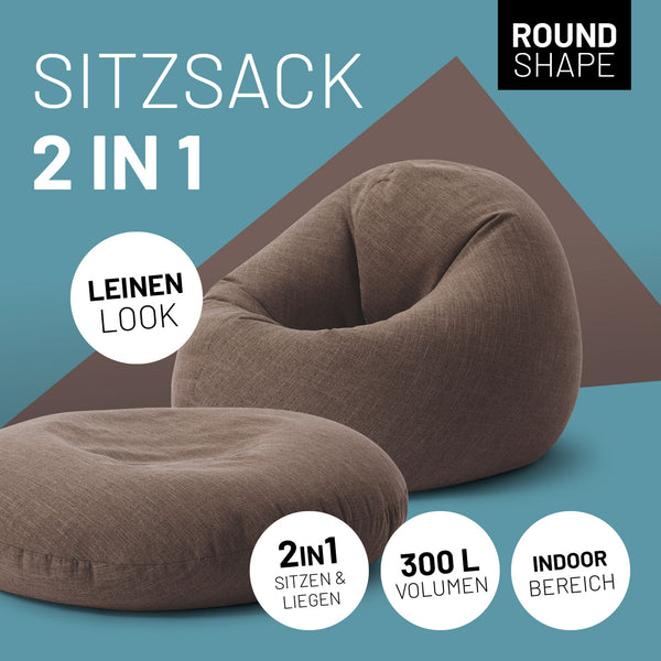 LUMALAND Sitzsack Interior Line - Sitzkissen rund, braun, Leinenlook, 300L Füllung, Indoor, flexibler 2-in-1 Sitzsack zum Sitzen und Liegen.