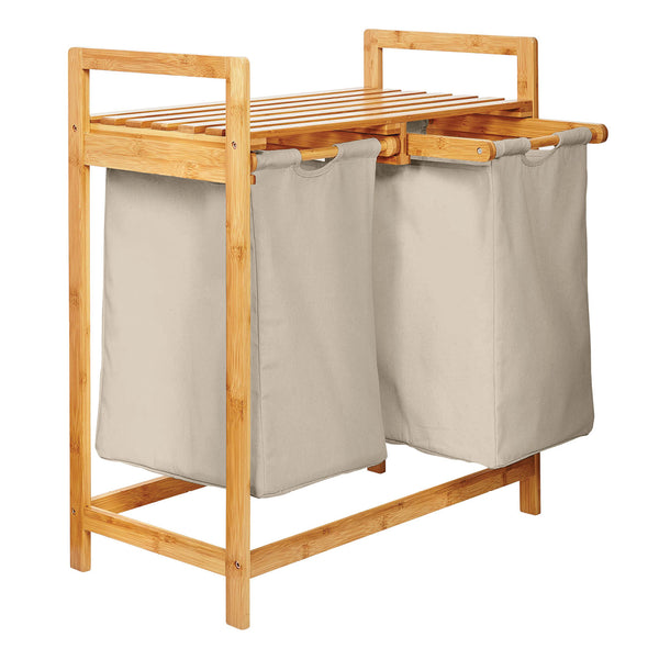 LUMALAND Bambus Wäschekorb mit 2 ausziehbaren Wäschesäcken, grau, 73 x 64 x 33 cm, platzsparend und pflegeleicht.