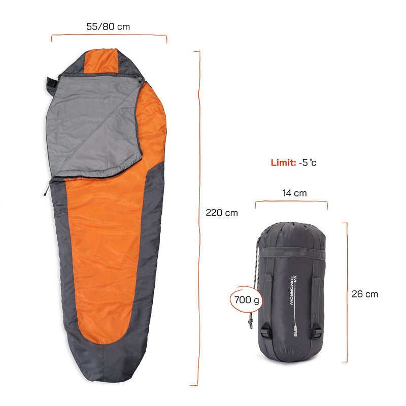 Where Tomorrow Camping Schlafsack Small & Light - Mumienschlafsack mit Tasche - 220 x 80 x 50 cm - Orange-Grau