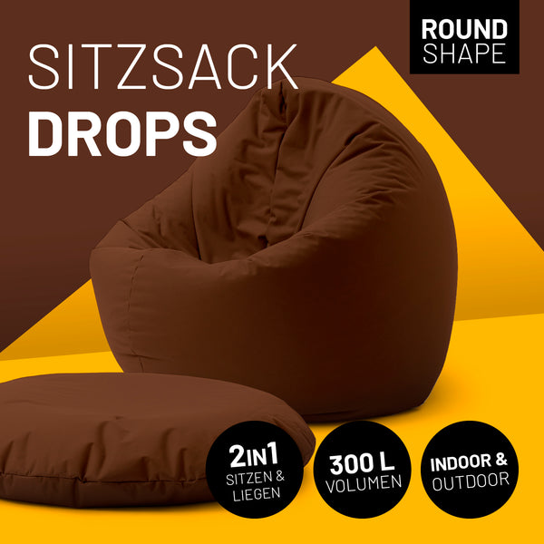 LUMALAND Sitzsack Drops (300 L) - brauner, vielseitiger In- & Outdoor Sitzsack mit 2in1 Funktion, rund und bequem.