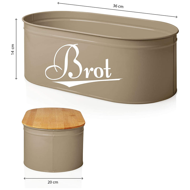 LUMALAND  Cuisine Brotkasten Brotdose Brotbox aus Metall mit Bambus Deckel - Oval 36 x 20 x 13,8 cm - Grau