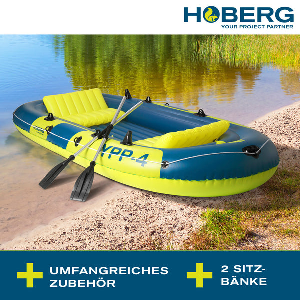 Hoberg Schlauchboot "YPP-4" 4-Sitzer mit 2 Sitzbänken 2 Paddeln Pumpe Reparaturset 2 Angelhalterungen Dry Bag & weiterem Zubehör Material PVC