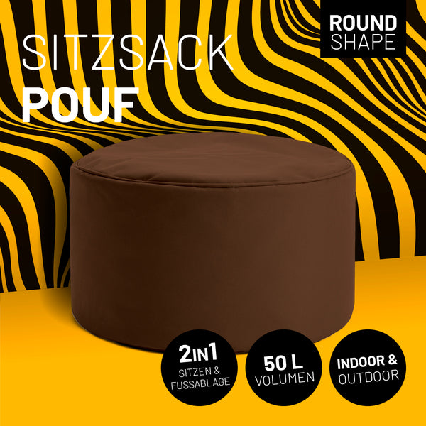 LUMALAND Sitzsack Pouf (50 L) braun, rund, 2in1 Sitzhocker & Fußschemel, robust, leicht, für Sitzgelegenheiten innen und außen.