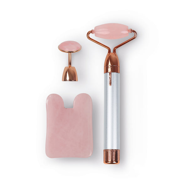 MAXXMEE Gesichtsroller Perfect Face - Rosenquarz & Gua Sha Stein -  weiß/rosegold