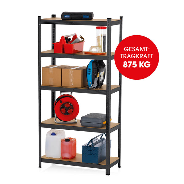 EASYmaxx Schwerlastregal mit 5 belastbaren Holzböden, schwarz, 180x90x40 cm, stabile Lagerlösung für Keller und Garage, 2er-Set.