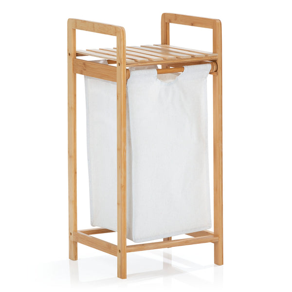 LUMALAND Bambus Wäschekorb mit ausziehbarem Wäschesack - 33 x 33 x 73 cm - Weiß
