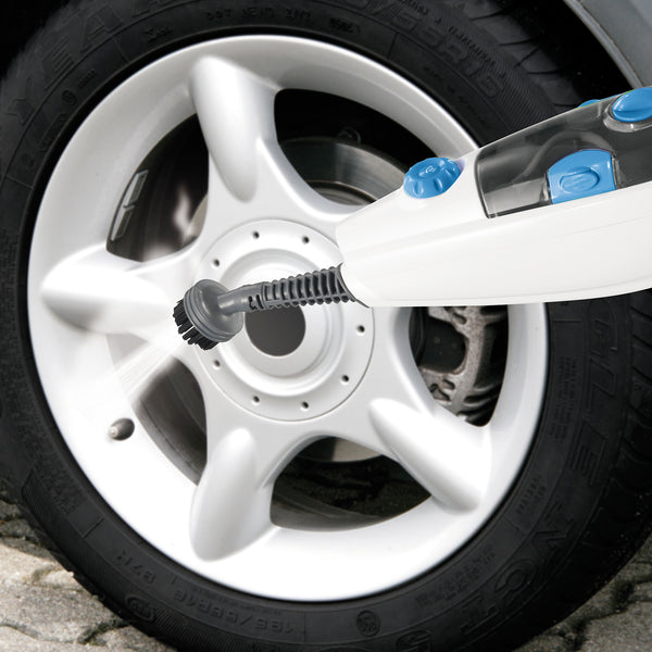 CLEANmaxx Dampfbesen mit Dampfregulierung blau/weiß reinigt Felgen mit vielseitigem Zubehör und abnehmbarem 350 ml Wassertank.