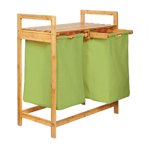 LUMALAND Bambus Wäschekorb mit 2 ausziehbaren grünen Wäschesäcken, 73x64x33 cm, stabil und pflegeleicht.
