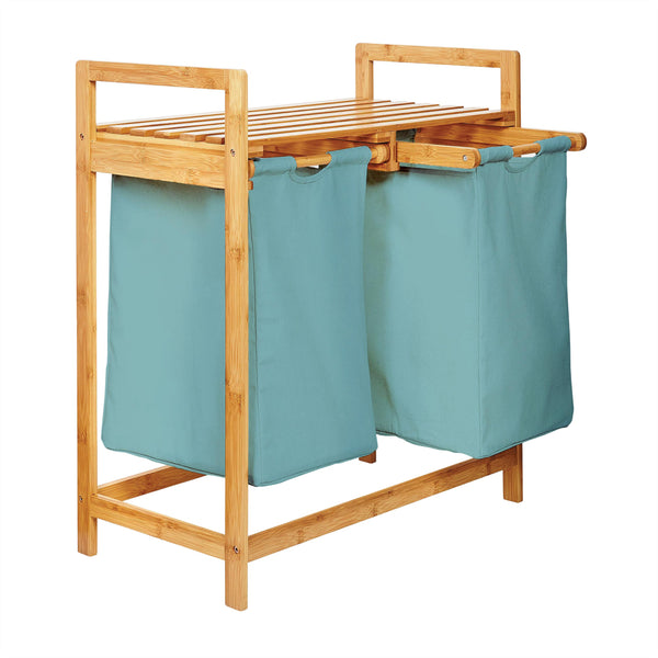 LUMALAND Bambus Wäschekorb mit 2 ausziehbaren Babyblauen Wäschesäcken, 73 x 64 x 33 cm, stilvoll und pflegeleicht.