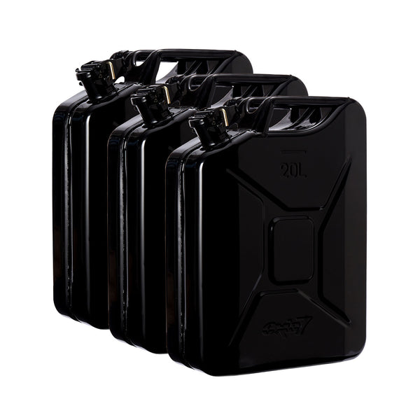 Oxid7® 3x Metall Benzinkanister 20 Liter Schwarz mit UN-Zulassung, Pulverbeschichtung und Korrosionsschutz ideal für Benzin und Diesel.