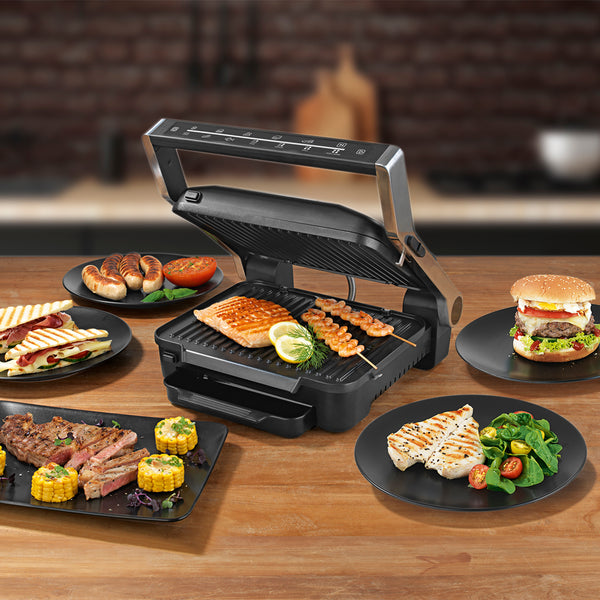 MAXXMEE Kontakt-Grill mit 6 Programmen - 2000W mit großer Grillfläche, ideal für Fleisch, Fisch und Gemüse.