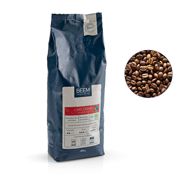 BEEM CAFÉ CREMA Bio Ganze Bohne - 1 kg, fair gehandelter Bio-Arabica Robusta Kaffee mit Karamell- und Schokoladennoten.