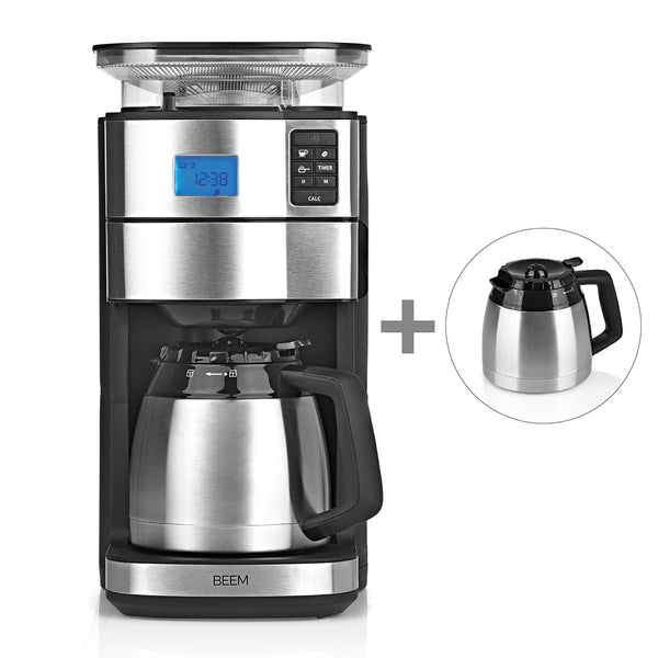 BEEM FRESH-AROMA-PERFECT II Filterkaffeemaschine mit Mahlwerk, 2 Thermoskannen und digitalem Timer in Edelstahl.