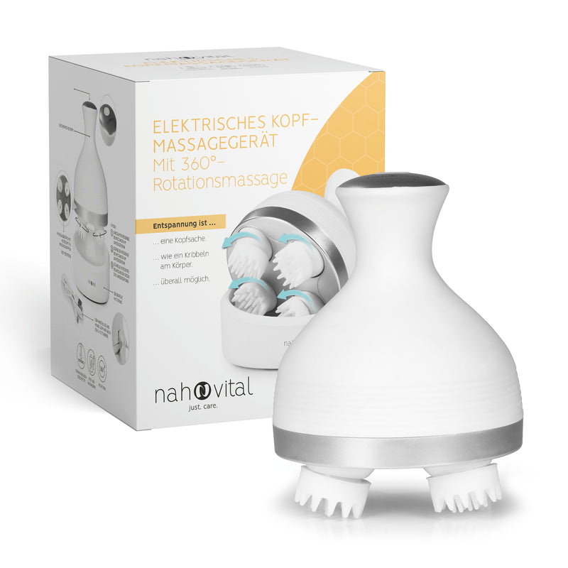nah-vital elektrisches Kopfmassagegerät mit 360°-Rotationsmassage, 4 Massageköpfen, kabellos und wiederaufladbar für entspannende Wellnessmomente