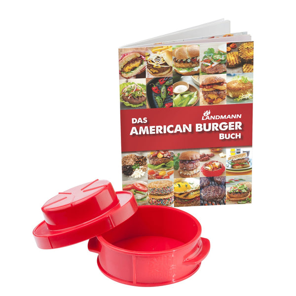 LANDMANN Grill-Set "American Burger" rot mit Rezeptbuch "Selection" zur Herstellung gefüllter XXL Burger Patties.