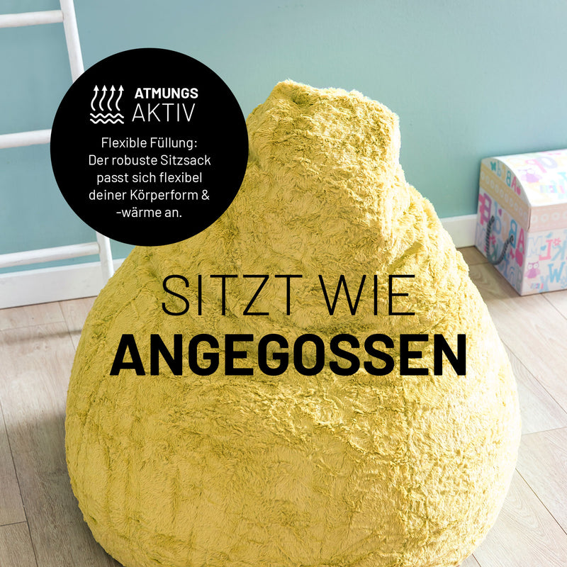 LUMALAND Luxury Fluffy Sitzsack stylischer Webplüsch Beanbag Gelb mit 120L Füllung, passt sich flexibel der Körperform an.