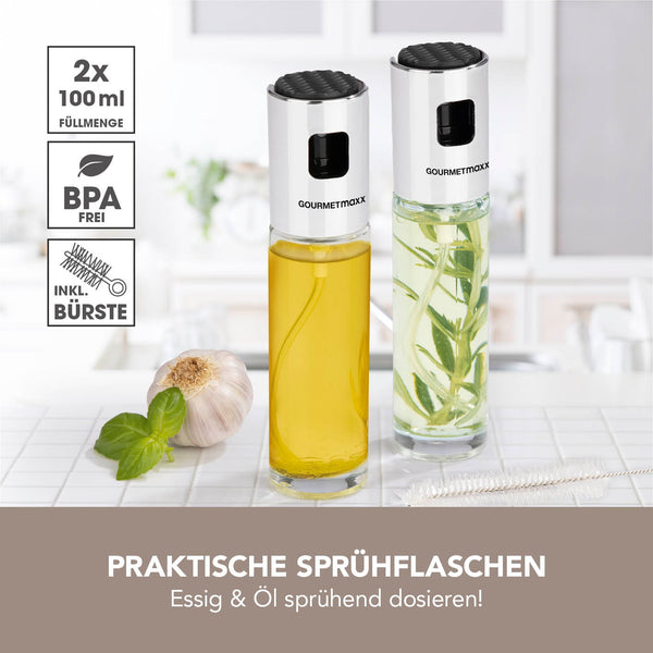 GOURMETmaxx Sprühflaschen - Für Essig & Öl - 2er-Set, praktisches Dosieren mit Anti-Rutsch-Deckel und Reinigungsbürste, BPA-frei.