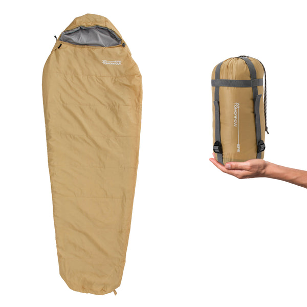 Where Tomorrow Camping Schlafsack Small & Light - Mumienschlafsack mit Tasche - 220 x 80 x 50 cm - Curry