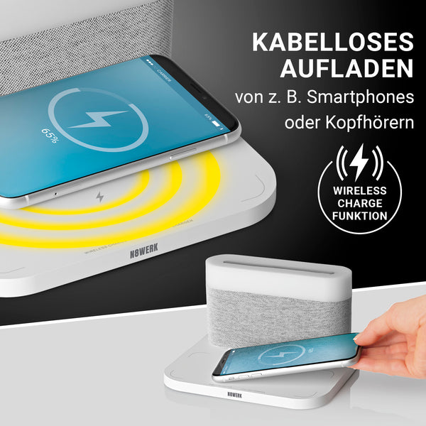 N8WERK Nachttischlampe mit Wireless Charger lädt kabellos Smartphones und bietet modernes Design mit Touchfunktion und dimmbarem Licht.