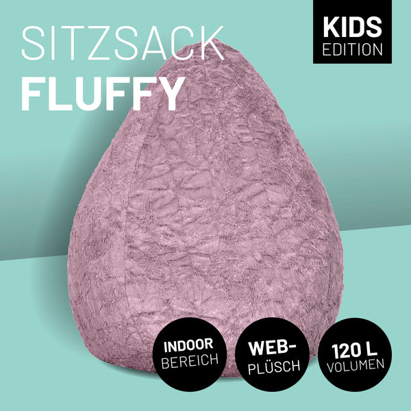 LUMALAND Luxury Fluffy Sitzsack stylischer Webplüsch Beanbag 120L Füllung Pastel Pink, weich, robust, geruchsneutral, komfortabel.