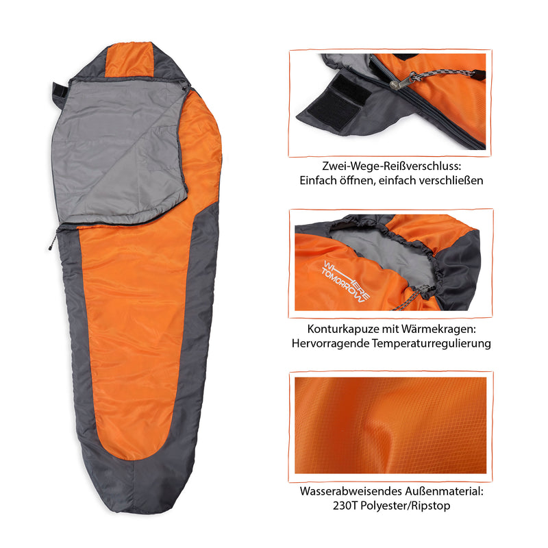 Where Tomorrow Camping Schlafsack Small & Light - Mumienschlafsack mit Tasche - 220 x 80 x 50 cm - Orange-Grau