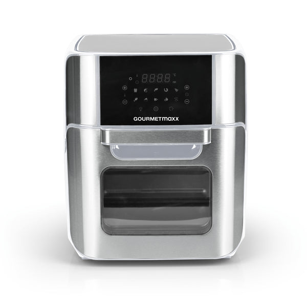 GOURMETmaxx Heißluft-Fritteuse Digital 12 l in Edelstahl/weiß mit Temperaturregler und 90-Minuten-Timerfunktion.