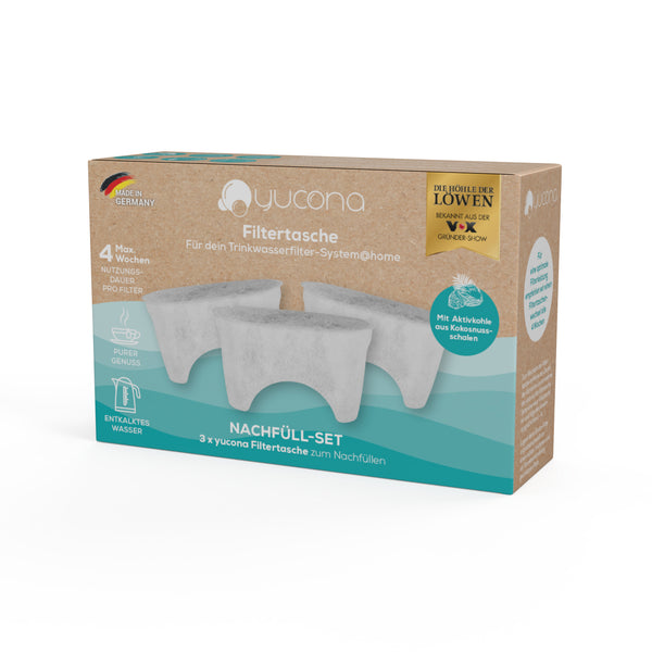 yucona Wasserfilter Nachfüllset - 3er-Set Filtertaschen mit Aktivkohle, reduziert Kalk, Chlor und Metalle für yucona Trinkwasserfilter-System@home.