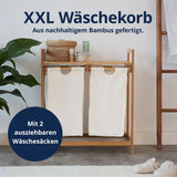 LUMALAND Bambus Wäschekorb mit 2 ausziehbaren Wäschesacken - 73 x 64 x 33 cm - Weiß