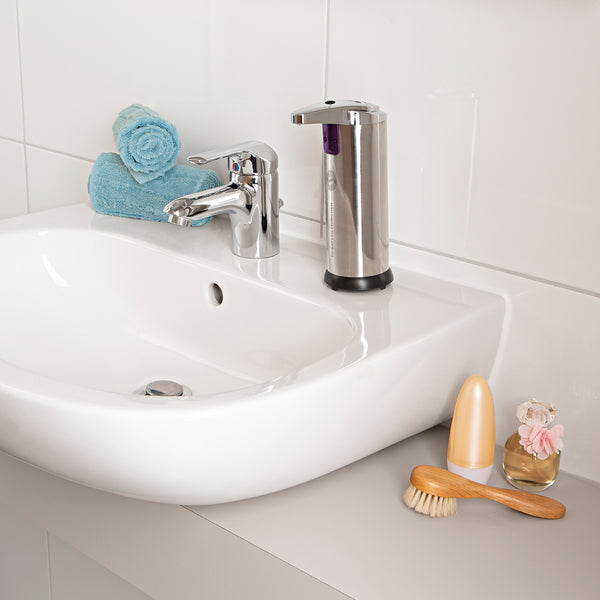 FC Bayern München Seifenspender mit Logo und Sensor silber, Edelstahl, berührungslos, 3-stufige Dosierung, batteriebetrieben, bis 250 ml Flüssigseife